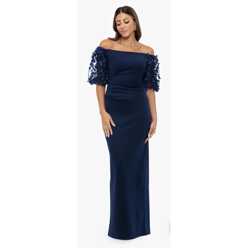 Xscape "BERNICE" TECHNO SCUBA 3D FLORAL SLEEVE FLOOR LENGTH DRESS Navy Size 4
